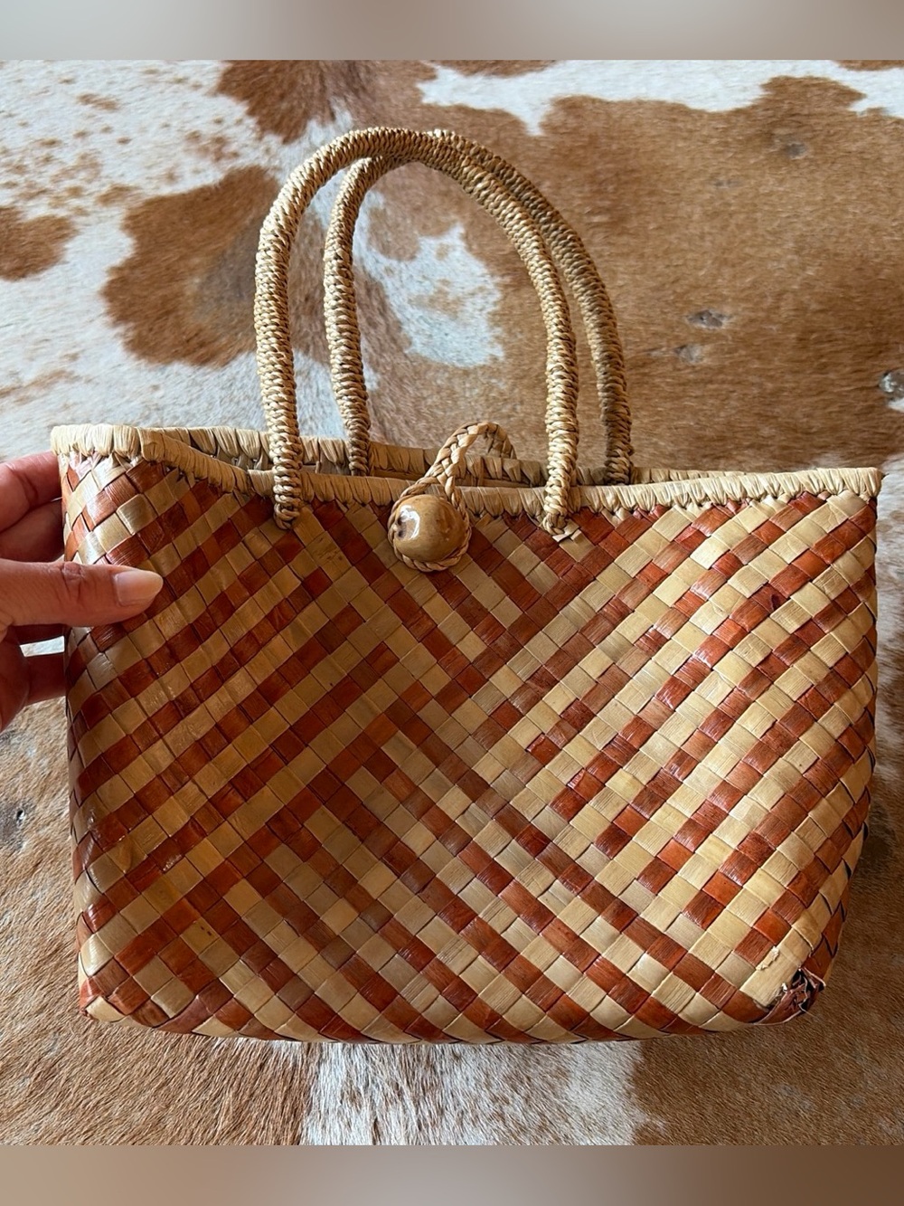 Woven Straw Tote Bag in Natural & Brown